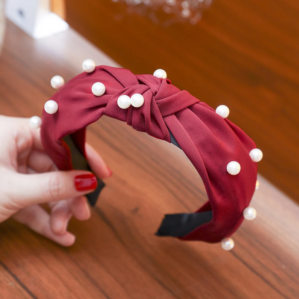 Fabric Red LEVAO повязки для волос в клетку с жемчугом, инкрустированные жемчугом резинки для волос, элегантные широкие обручи для волос, ободок для женщин, аксессуары для волос - Цвет: Fabric Red