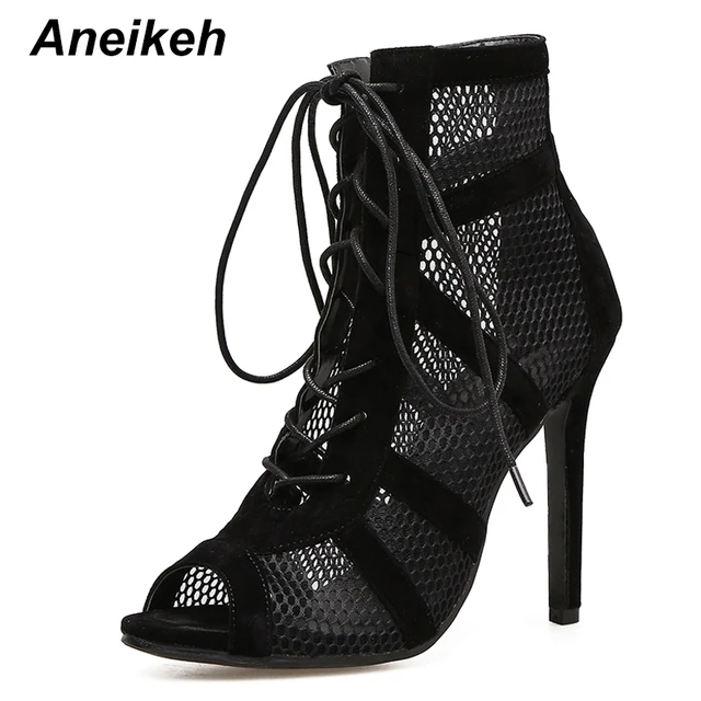 Aneikeh 2022 Fashion Basic Sandals Boots Women High Heels Pumps Sexy Hollow Out Mesh Lace-Up Cross-tied Boots Party Shoes Party Black