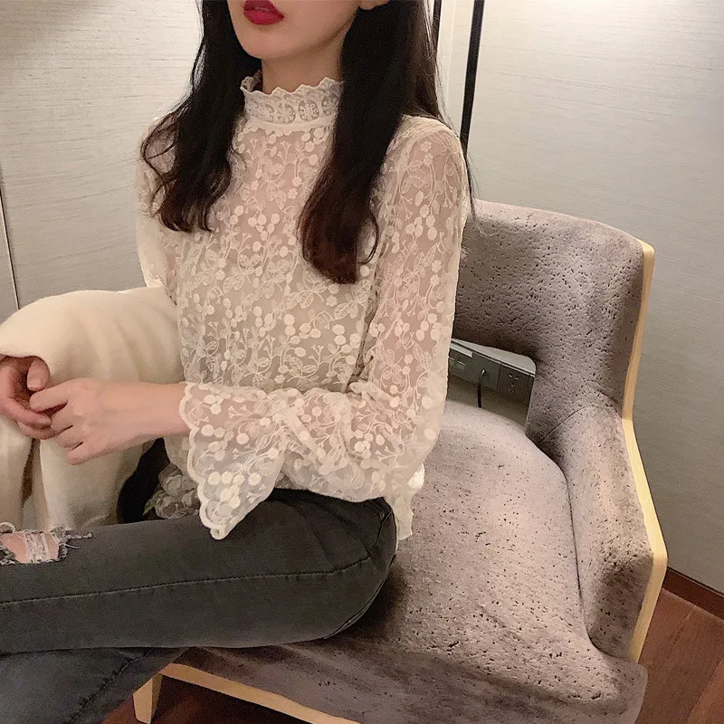 Lychee Harajuku однотонная сетчатая кружевная женская футболка Топ со стоячим воротником винтажные прозрачные женские пуловеры топы весна осень женские футболки