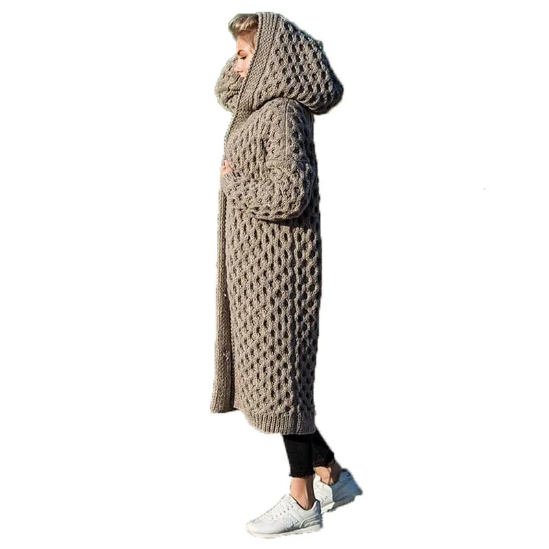 Элегантное шерстяное вязаное винтажное пальто для женщин с открытой строчкой размера плюс, зимнее теплое пальто с длинным рукавом, кардиган с капюшоном, свитер