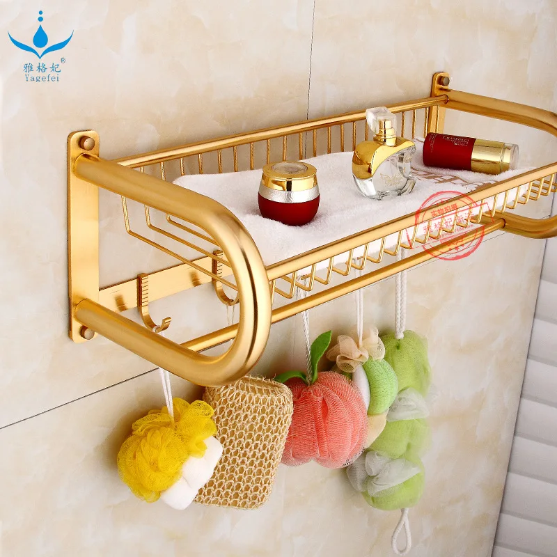 

New Style Luxury Gold Color Gold U Alumimum Mesh Basket Storage Shelf Activity 5 Hook Bathroom Toilet Mesh String Towel Rack