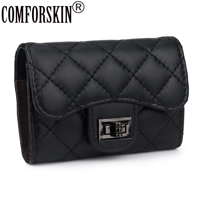 Ceny COMFORSKIN luksusowa owcza skóra kobiety wizytownik na karty biznesowe nowości gwarantowana portfel na karty ze skóry naturalnej Hot Card Cases