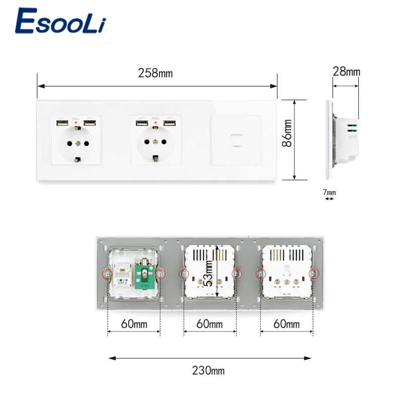 ESOOLI Европейская стандартная черная стеклянная панель двойная розетка с 4 USB