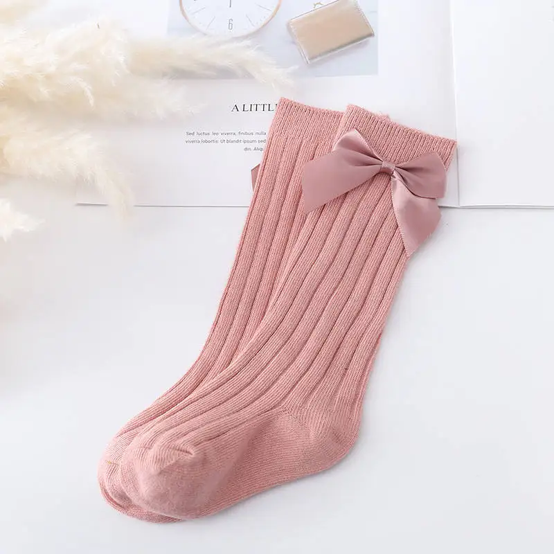 style B dark pink Balleenshiny/Детские носки с вертикальными полосками; Зимние гольфы с большим бантом для маленьких девочек; Мягкие хлопковые носки для малышей; нескользящие однотонные носки - Цвет: style B dark pink