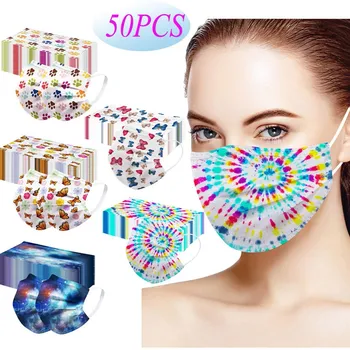 

50pc Disposable Three-layer Nonwove Face Breathable Mask Adults Unisex Mixed Tie-dye Printing Unisex Printed Masks Mascarilla