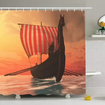 

Shower Curtain Set with Hooks 66x72 Viking Man Longship for Explorers Longboat Sails Shipbuilder Transportation Medieval People