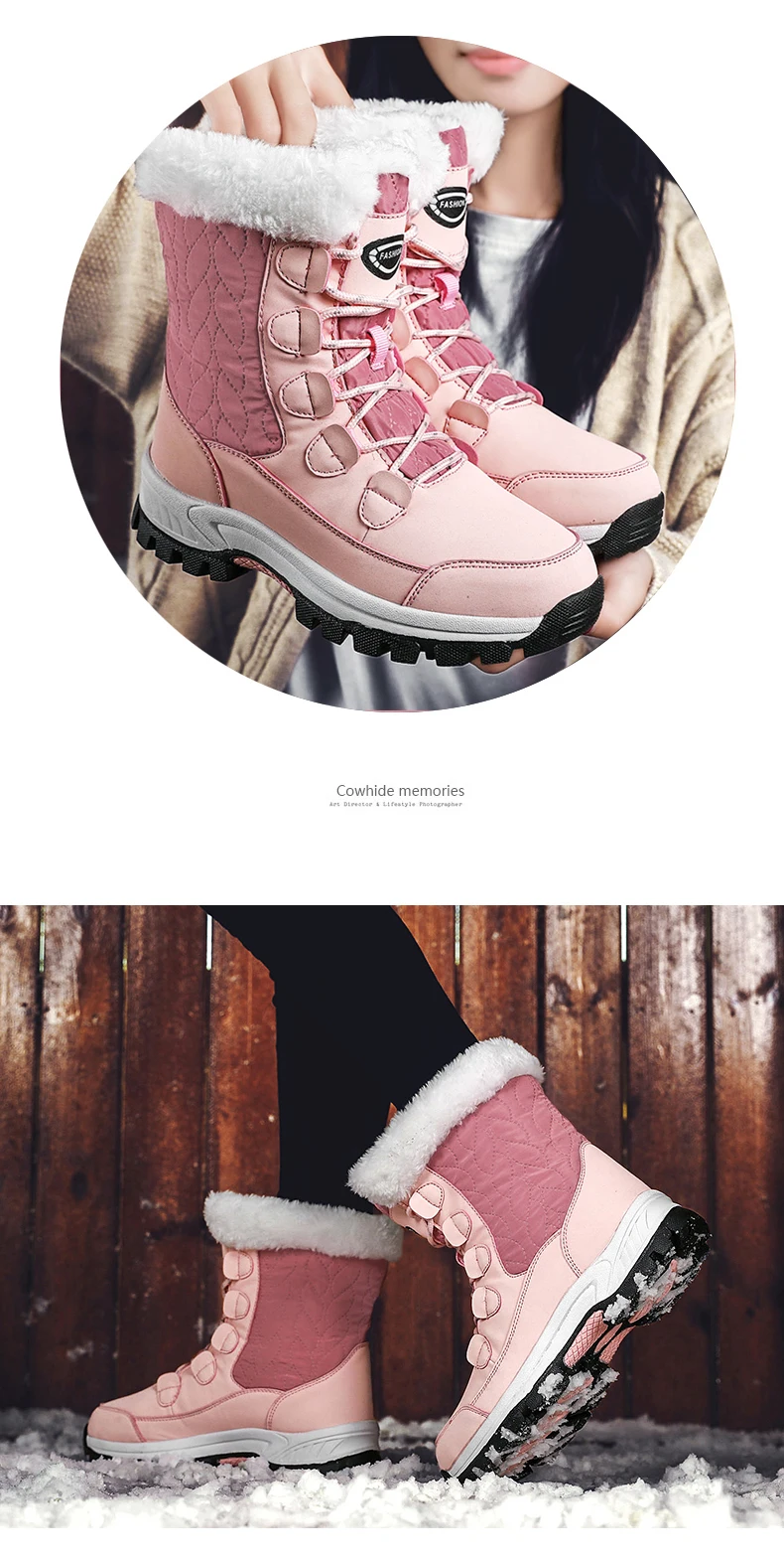 Зимние ботинки; женская обувь розового цвета; брендовая теплая обувь на платформе; водонепроницаемые ботильоны на толстом меху; большие размеры
