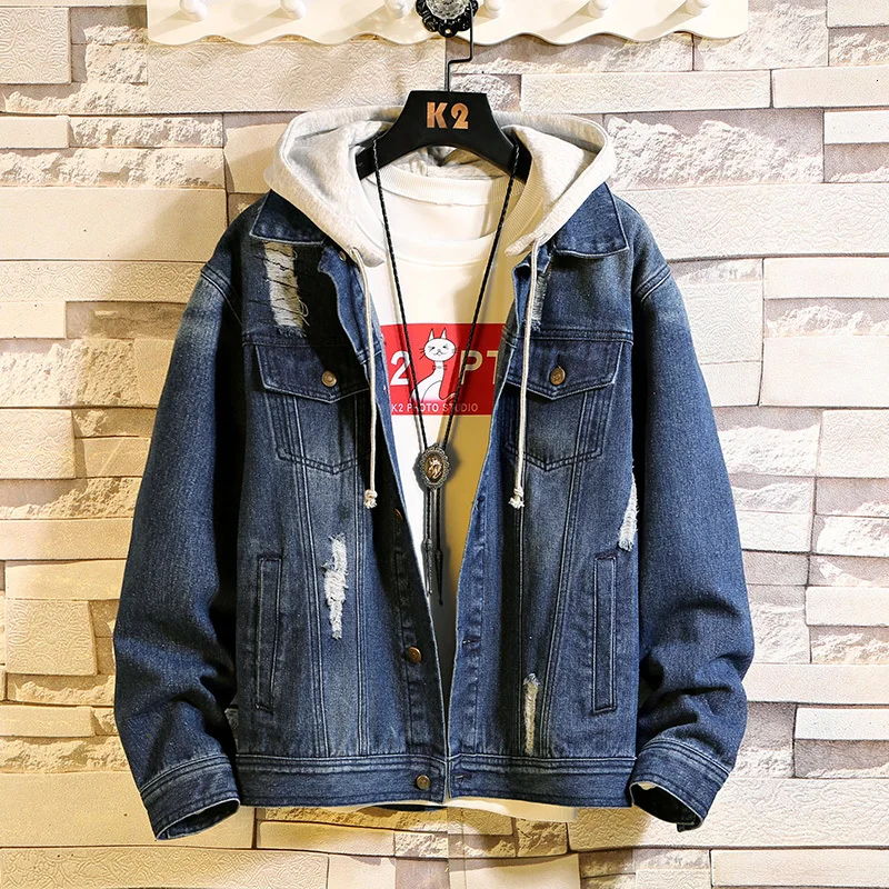 UYUK Fall/winter New Look Stylish And Temperamented With Loose Casual Hooded Denim Cotton Men's Cargo Jacket Clothes | Мужская