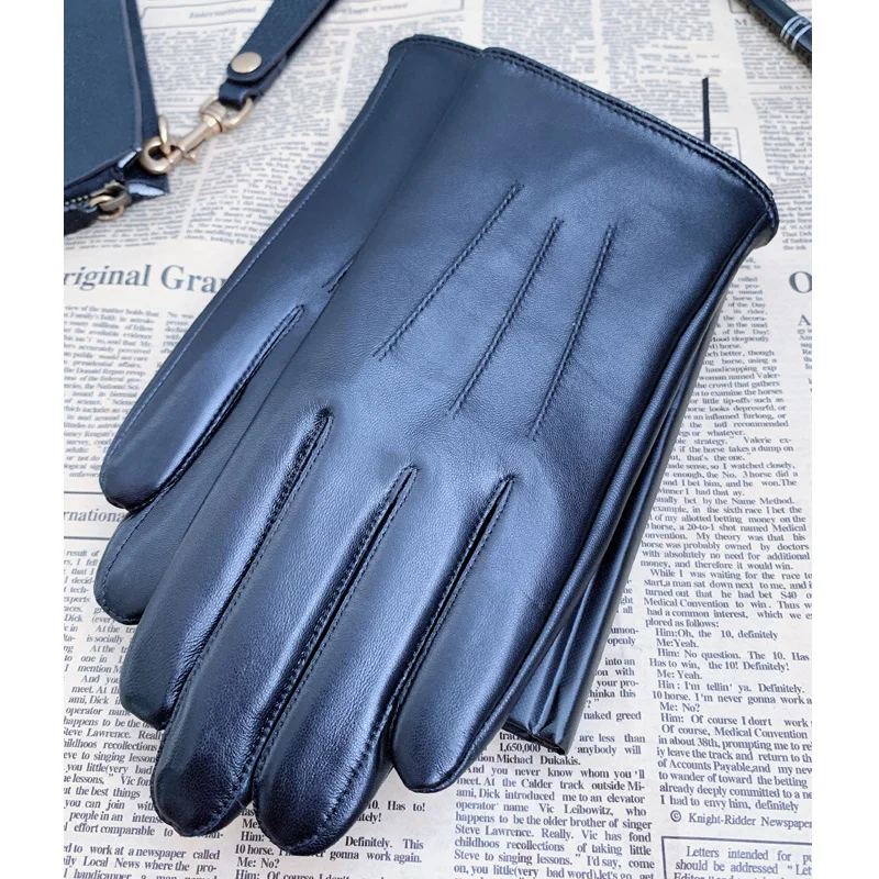 Мужские кожаные перчатки Осень-Зима Теплые Бизнес вождения Велоспорт сенсорный экран овчины перчатки мужские плюс бархат утолщение - Цвет: black