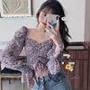 Floral Print Drawstring Crop Top Women Spring Fall Long Sleeve Purple White Chiffon Blouse Shirt Korean Style Ladies Short Tops 5