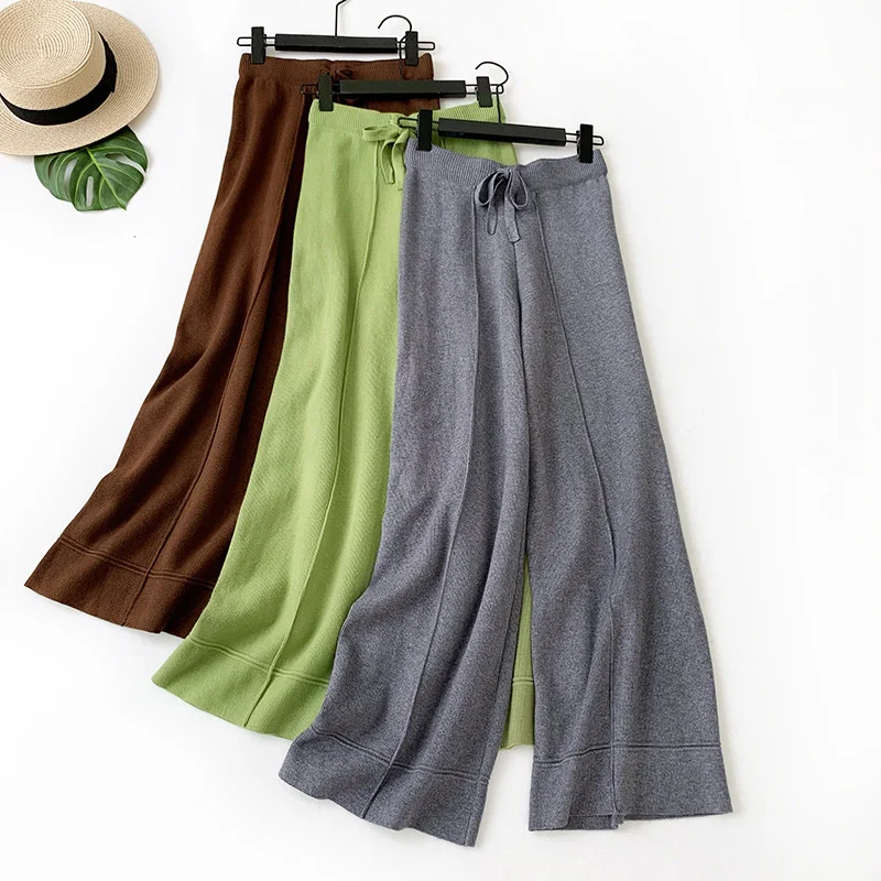 

Wasteheart Autumn Winter Women Fashion Green Gray Long Loose Pants Wide Leg Pants High Waist Female Pants Slash Woolen Knitting
