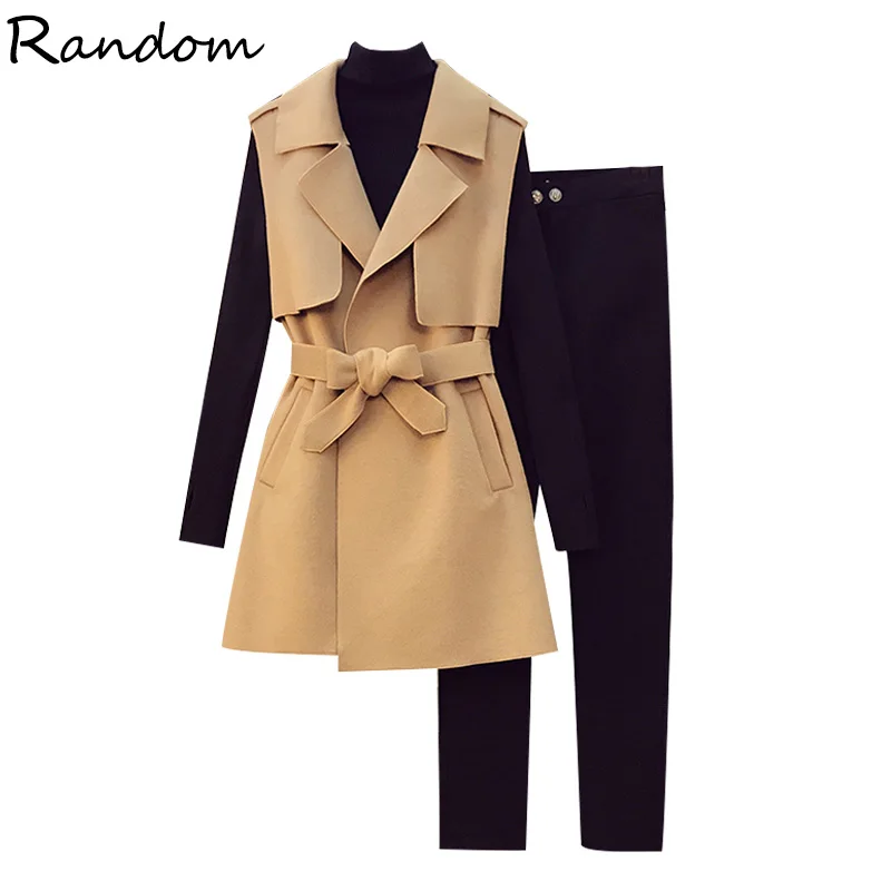 Plus Size Women Elegant Office Pant Suit Woolen Vest Coat And Turtleneck Sweater Top+Pant Three Piece Set High Quality Outfit | Женская