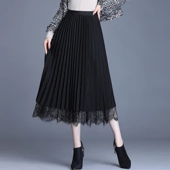 

High Quality Women Lace Skirt 2020 New Autumn Hollow Out Black Spring Pleated Skirt Plus Size Elastic Waist skirts