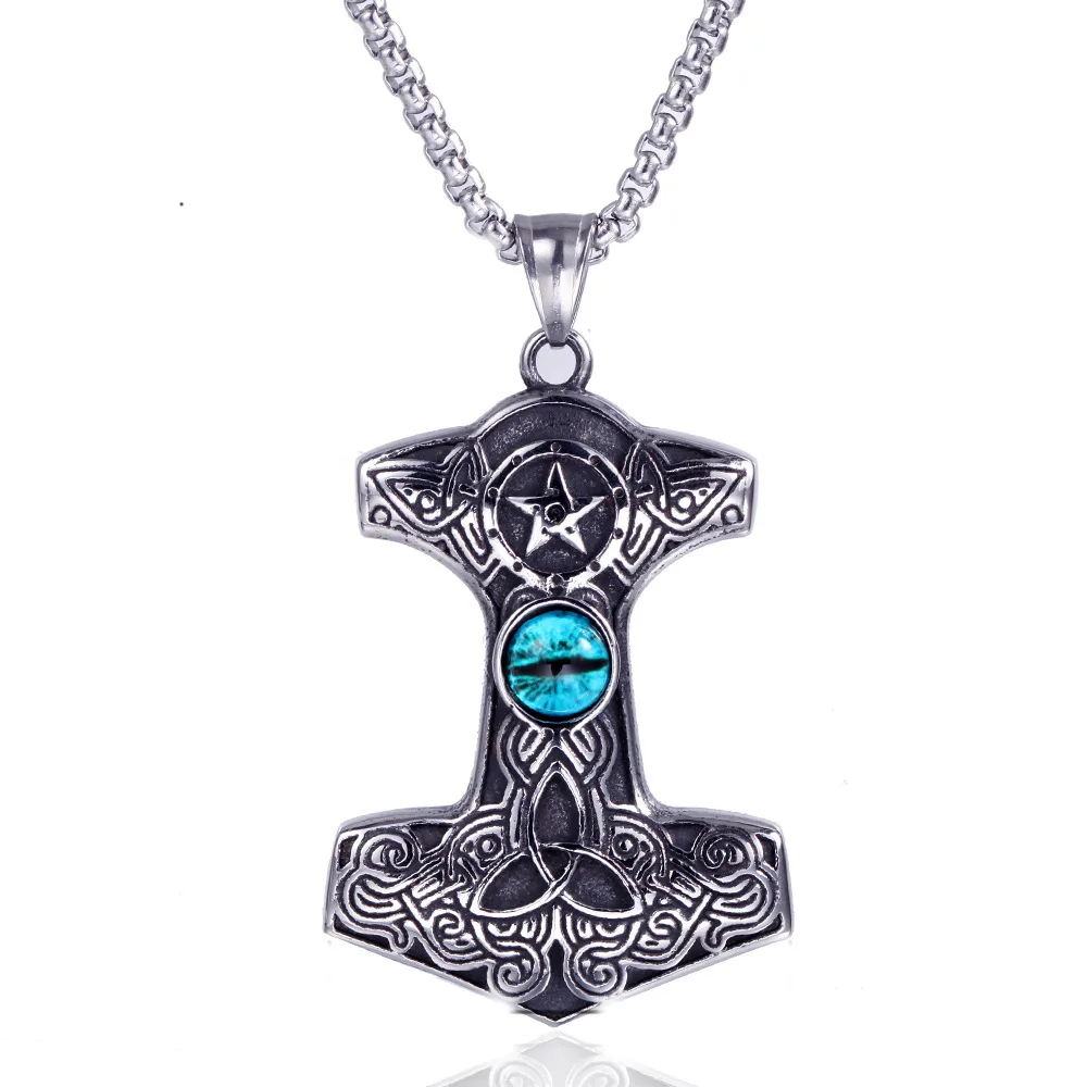 Stainless steel Viking Thunder's hammer pendant necklace men's vintage Cat eye stone titanium chain | Украшения и