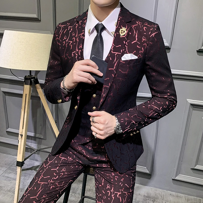 

New Brand High quality Men 3 Pieces Set Suits Slim Fit Single-breasted Print men Suits Wedding Evening Party Costume homme