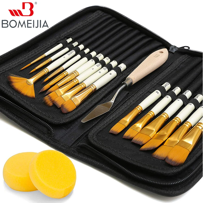 15pcs  Artist Paint Brush Set Includes Pop-up Carrying Case with Palette Knife and 2 Sponges for Acrylic, Oil, Watercolor, Art