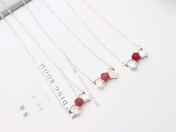 

925 Silver Natural Strawberry Crystal Butterfly Necklace Women