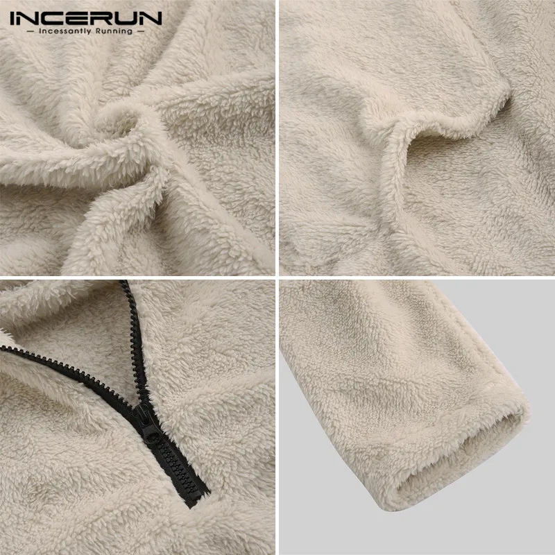 INCERUN Winter Fleece Men Sweatshirts Zippers Hooded Long Sleeve Fluffy Pullovers Fashion Casual Furry Pockets Street Hoodie Men