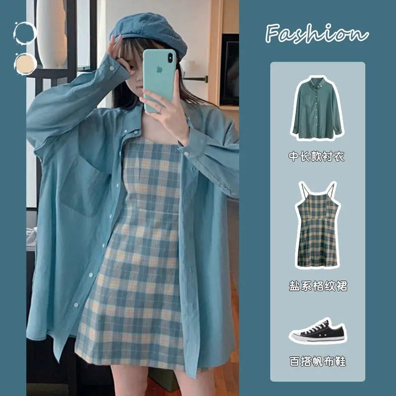Suit A-Line-Dress Western-Style Two-Piece Autumn Female Summer And Blue Sunscreen-Shirt