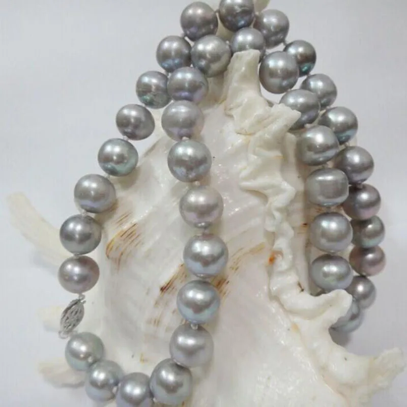gorgeous 11-12mm freshwater round silver grey pearl necklace 18inch 925silver