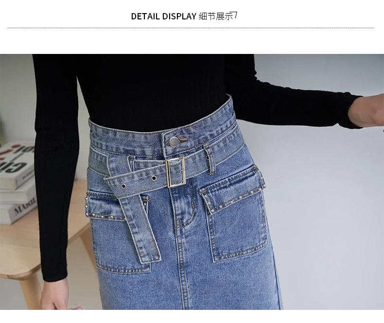 Высококачественные женские джинсы длиной до колена, юбка с большими карманами, черная синяя джинсовая юбка с завышенной талией и поясом