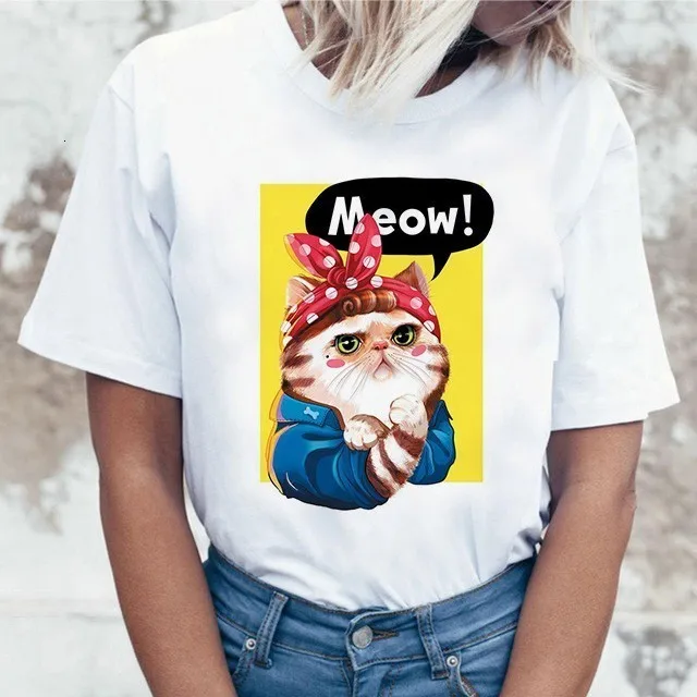 Забавная футболка Mona Lisa Cat для женщин Kawaii Топы Футболка Harajuku 90s Kawaii одежда футболка уличная Ulzzang Женская летняя футболка - Цвет: 6054