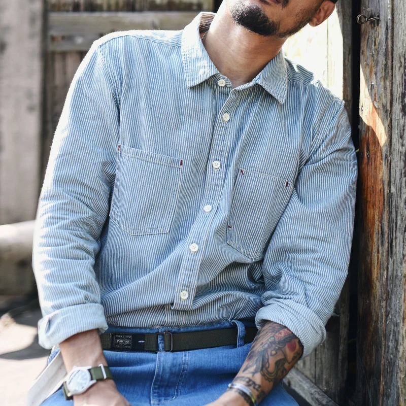 

SauceZhan CY-009 Shirt Denim Shirts Jeans Shirts Vintage Men's Striped Shirt Casual Mens Shirts Mens Shirts Casual Slim Fit