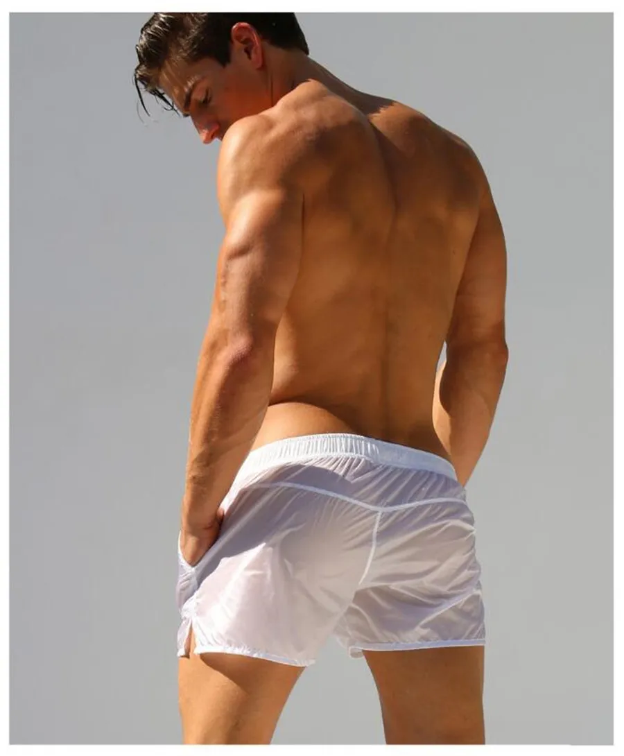 Новые белые прозрачные пляжные шорты мужские плавки для геев maillot de bain homme купальник для серфинга купальный костюм спортивные трусы 247
