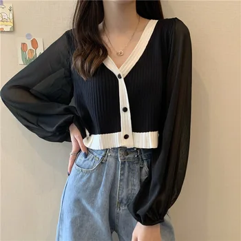 

Women Patchwork Knitted Crop Top Sexy V Neck Chiffon Long Sleeve Button up Sweater Cardigans 2020 Autumn Female Elegant Knitwear