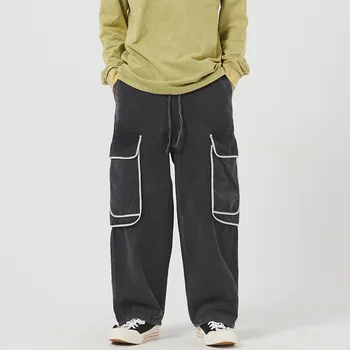 

Men Washed Vintage Fashion Casual Loose Straight Cargo Pants Male Streetwear Hip Hop Loose Pant Trousers Elastic Waist Sweatpant