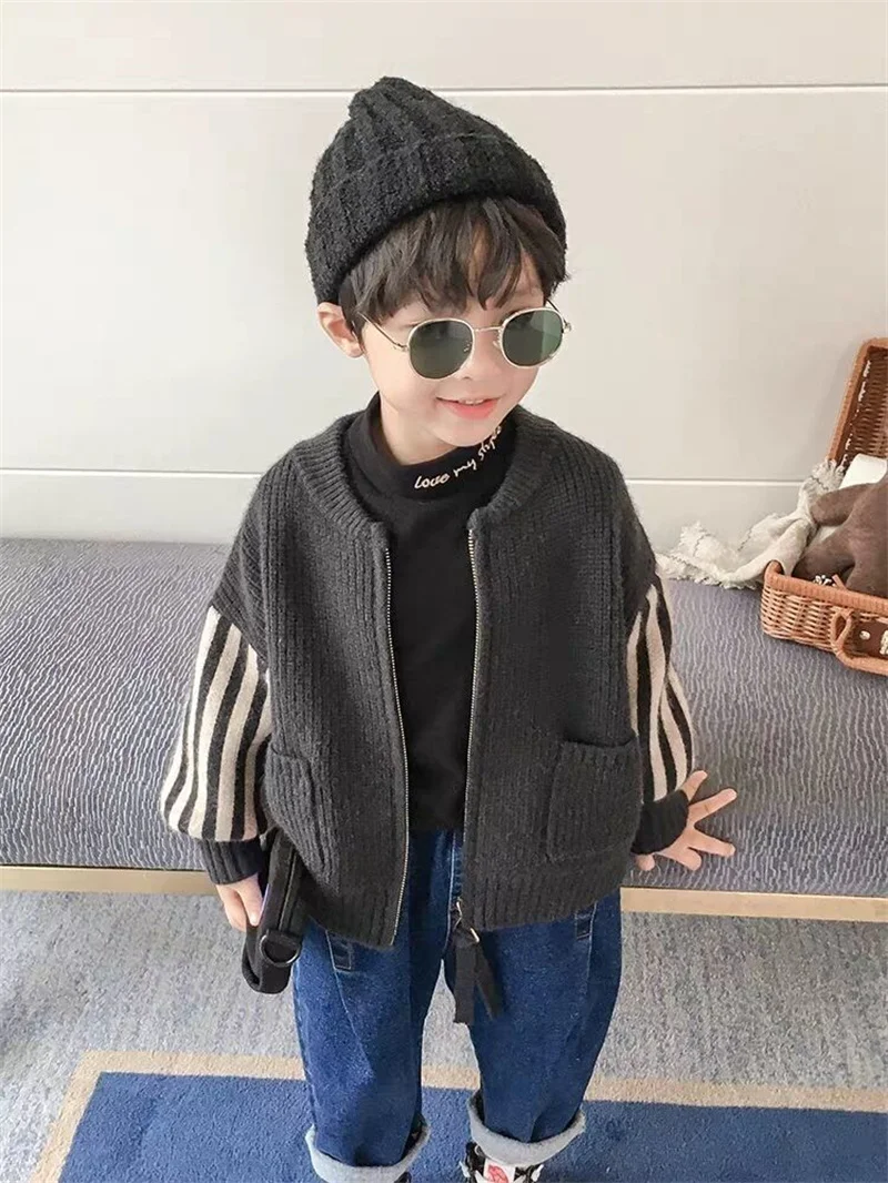 Anos de Idade Bebê Meninos Outono Jaquetas Novo Coreano Zíper Malha Algodão Camisola Outerwear 2 3 4 5 6 7 8 Blusão Outfit 9 Cheap Jaquetas e casacos