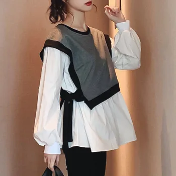 

Korean Janpanese Fake Women Blouse Shirts Loose 2020 Spring Summer Office Lady Lantern Sleeve Tops Casual Girls Blouses Shirts