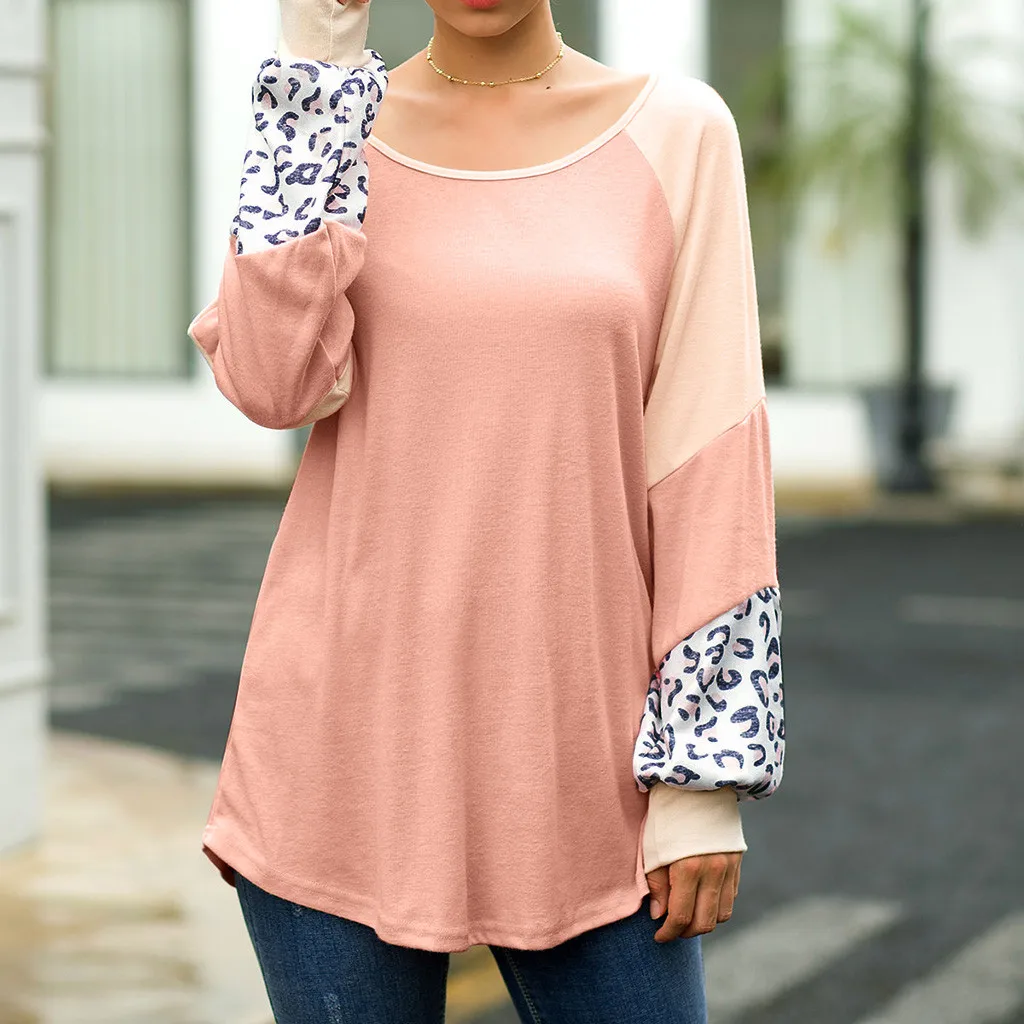 2019 ladies leopard solid color stitching long-sleeved shirt sweater 
