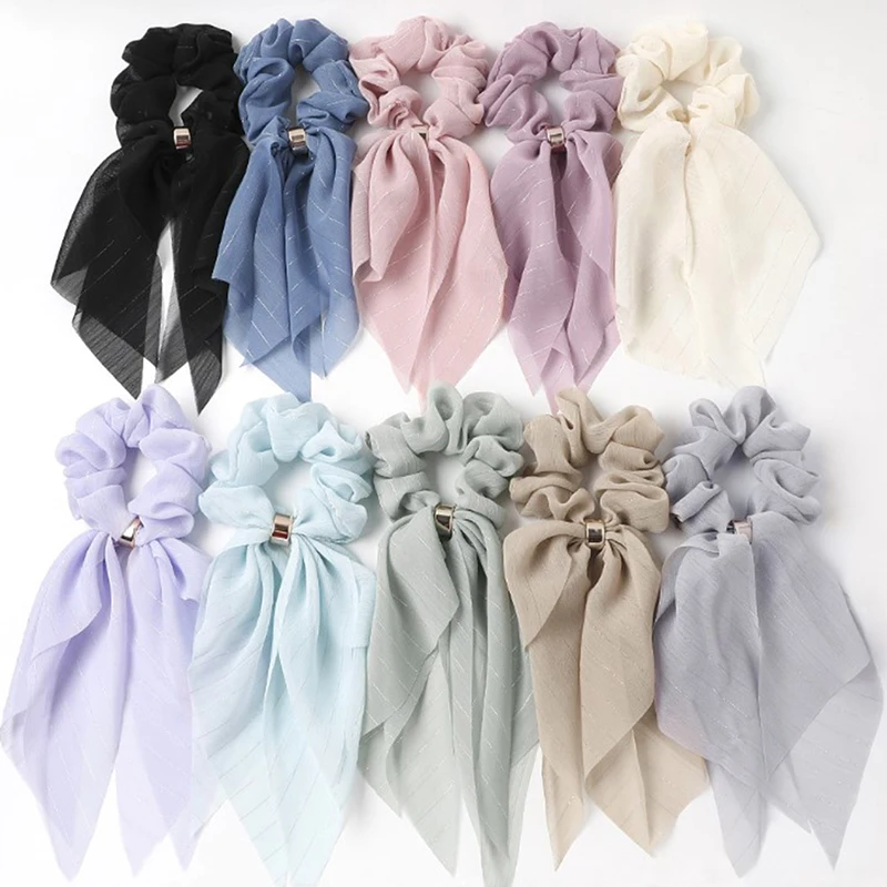 Bohemian Solid Color Ribbon Bow Hair Scrunchies Women Elastic Hair Band Scarf Hair Rope Ties Girls Hair Accessories