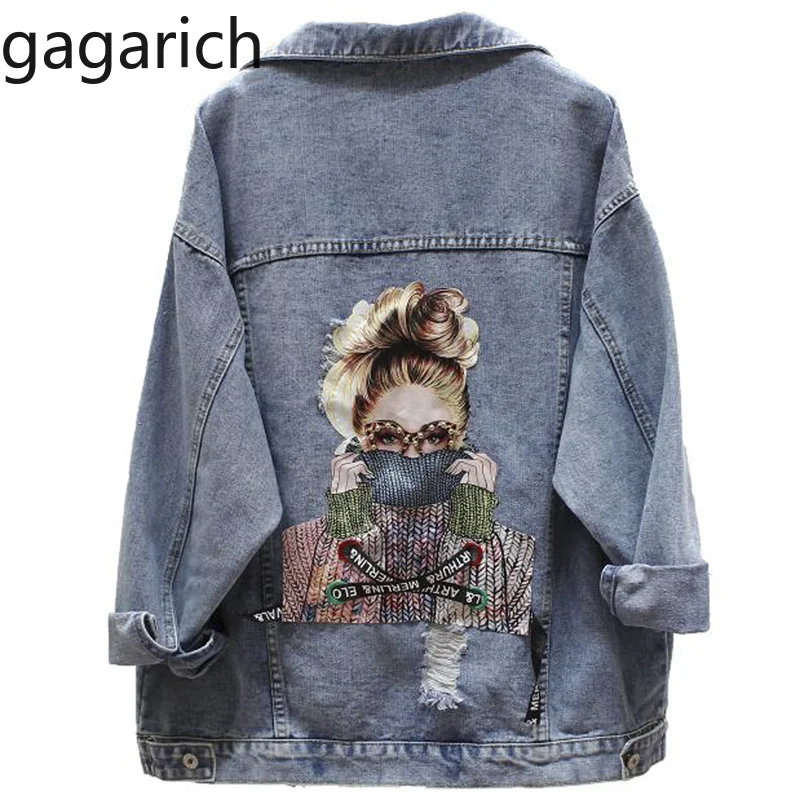 

Gagarich 2019 BF Autumn Harajuku Printed Frayed Beading Denim Jacket Loose Casual Jeans Jacket Women Coat Outwear Female Jacket