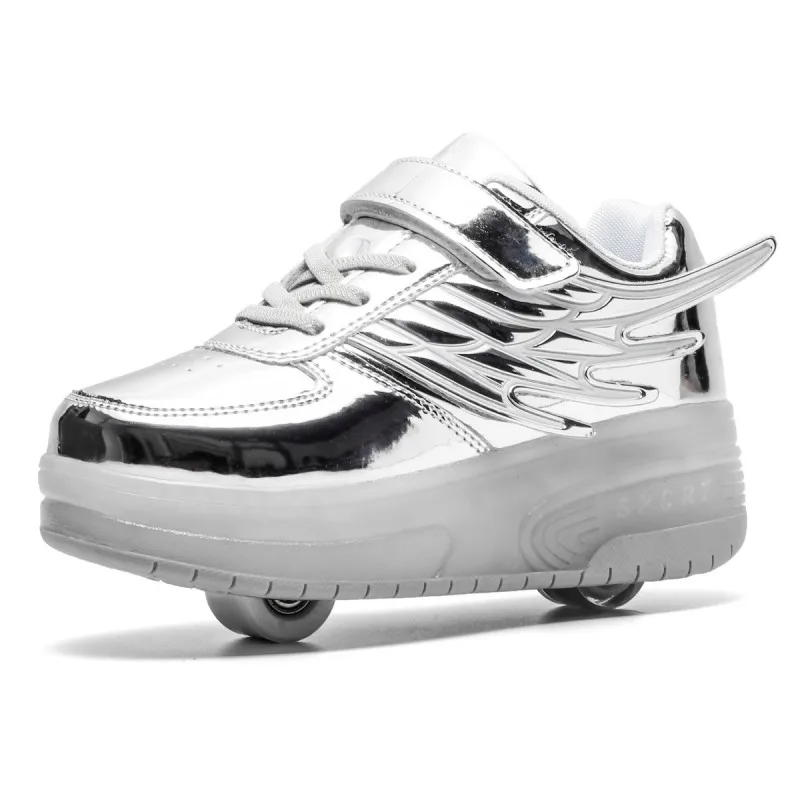 Детские кроссовки, светодиодный каток Heelys, обувь для катания на коньках, Детские легкие крылья, Двойные колеса, для мальчиков и девочек, Inine, роликовые скейты, светящиеся туфли со светодиодами - Цвет: Серебристый