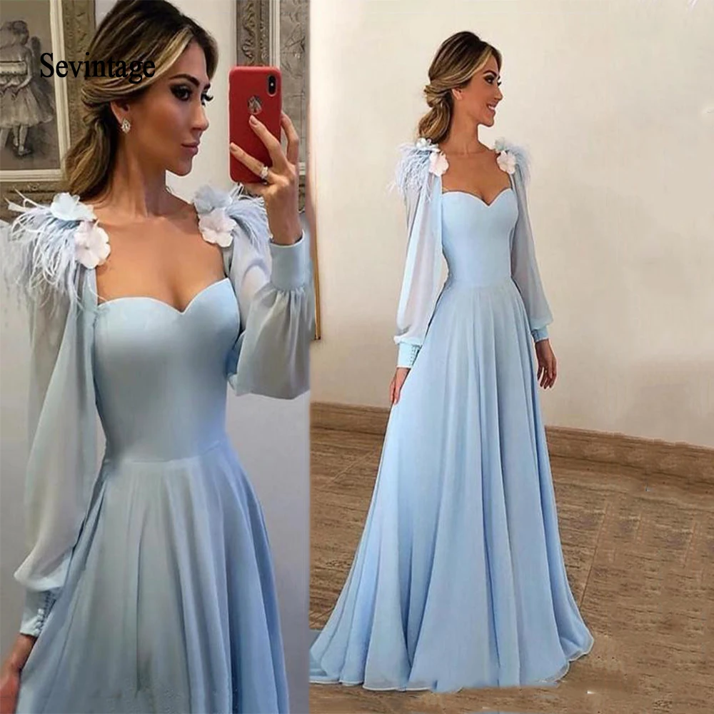 Sevintage Sky Blue Long Sleeves Prom Dresses With Flowers Feather Jacket Formal Evening Party Gowns vestido de festa