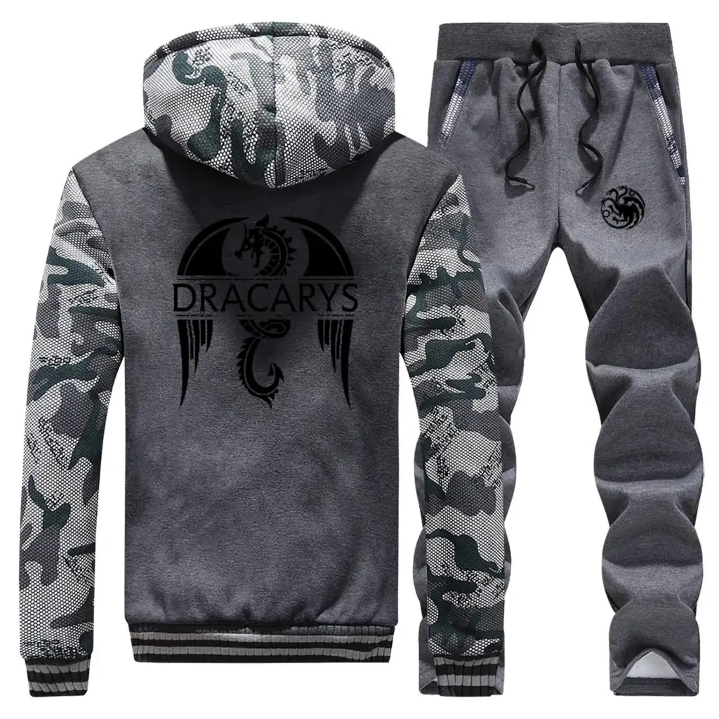 Мужской зимний Повседневный теплый спортивный костюм с принтом «Игра престолов», теплый спортивный костюм, удобный свитер, толстая флисовая куртка+ штаны, комплект из 2 предметов