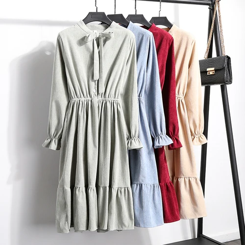 

High Quality Corduroy 2019 New Fashion Autumn Winter Women Sweet Dress Print Long Sleeve Elegant Loose Waist Red