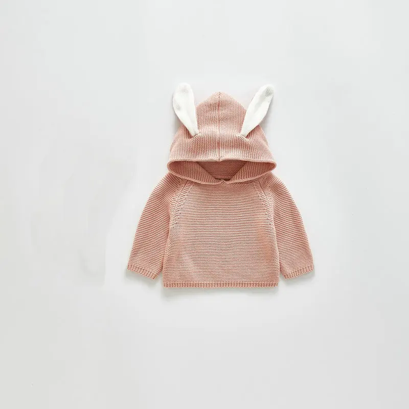 pink Хлопковый кардиган с капюшоном и заячьими ушками; детский зимний костюм-свитер для малышей; пуловер для новорожденных мальчиков и девочек; вязаный джемпер в Корейском стиле - Цвет: pink