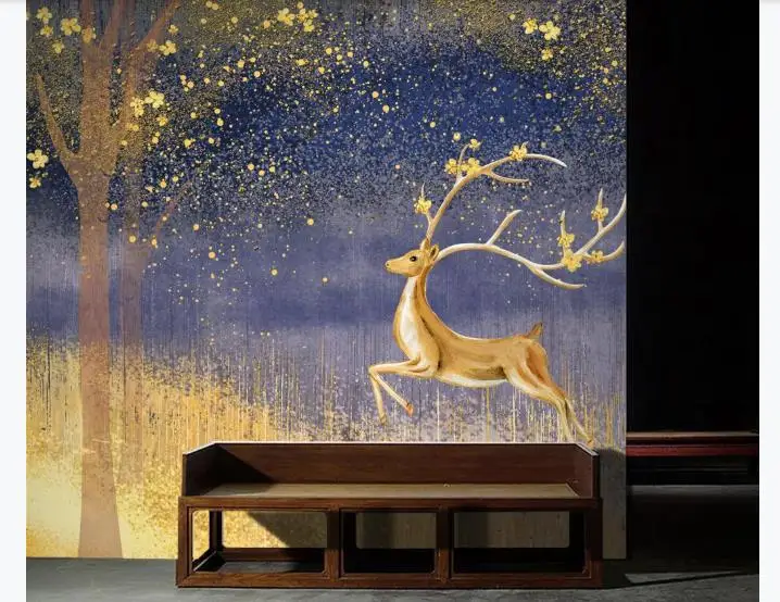 

Custom Wallpaper 3D Gold elk Wallpapers For Living Room Nordic Hand Painted Children's Room Decor Wall Murals