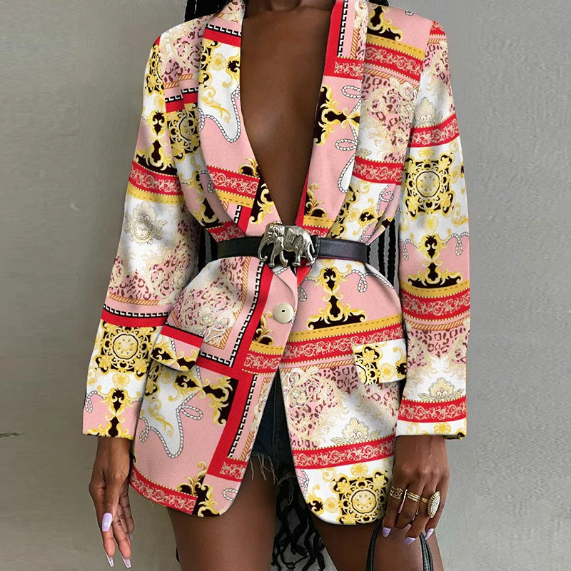 Turn-down Collar All Over Print Single Button Blazer Women Casual Jacket Elegant Abstract Graphic Work Coat Blazers For Women