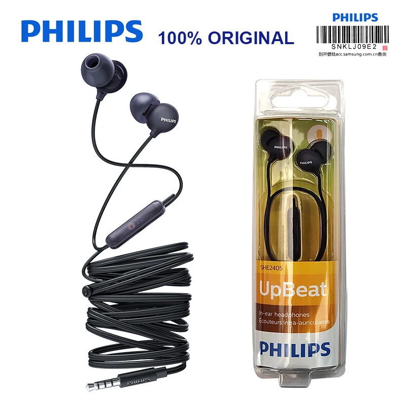 Оригинальные Philips SHE2405 Проводные вставные наушники 3,5 мм с микрофоном Super Bass для телефонов Xiaomi huawei samsung