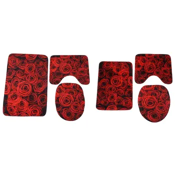 

Valentine's Day Romantic Bathroom Decors, 3Pcs Non-Slip Bathroom Rug Set Rose Love Heart Pattern Bath Mat Machine Washable Bathr
