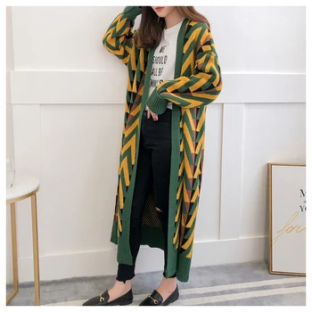 

Autumn Winter Long Sweater Jacket Geometric Knit Cardigans Long Overcoat Winter Coat Woman Women Long Sweater Cardigans