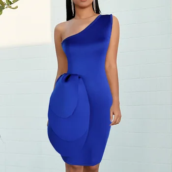 

Sexy Blue Tight Dress Women Club Wear One Shoulder Ruffles Party Bodycon Zipper Vestidos Night Out Dresses Backless S XXL Robes