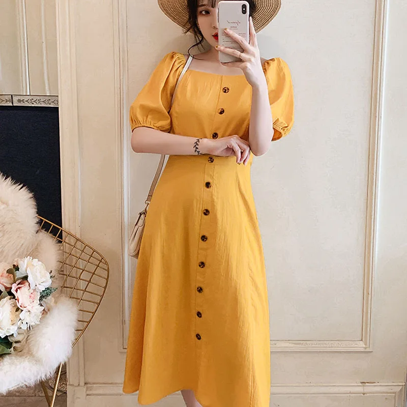 Chic Retro Women Puff Sleeve Dress 2020 Summer Fashion Square Collar Button Front  High Waist Dress Korean Ladies Dress Vestidos