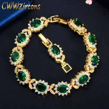 

CWWZircons Oval Green Cubic Zirconia Stone Yellow Gold Leaf Bracelet Bangle for Women African Dubai Bridal Party Jewellery CB205