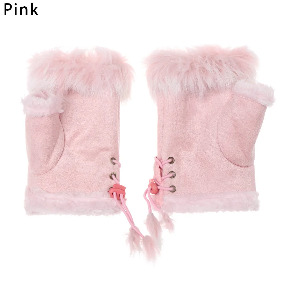 2-pink Зимние осенние теплые модные наручные перчатки для девочек из искусственного кроличьего меха, вязаные женские вязаные варежки без пальцев, перчатки с открытыми пальцами - Цвет: 2-pink