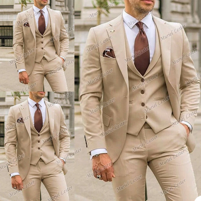 Costume Homme Beige Men Suits Blazer Slim Jacket+Vest+Trousers Groom Wear Wedding
